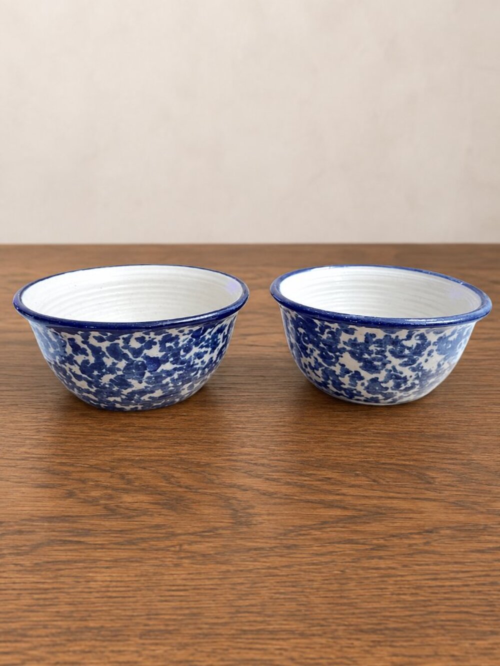 Handmade Pottery Apple Baker Dishes Set of 2 Artist Signed Blue Spongeware